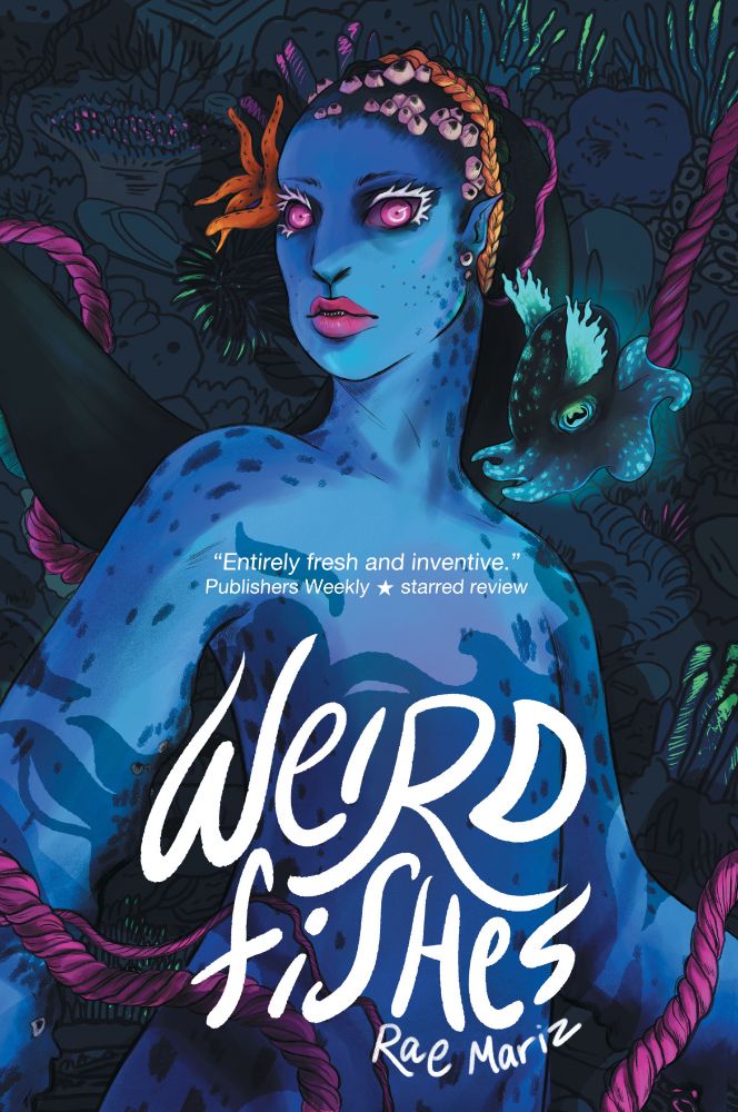 Book cover for Weird Fishes by Rae Mariz. Blue-skinned sea creature with glowing magenta eyes wearing an anemone and barnacle headdress. 