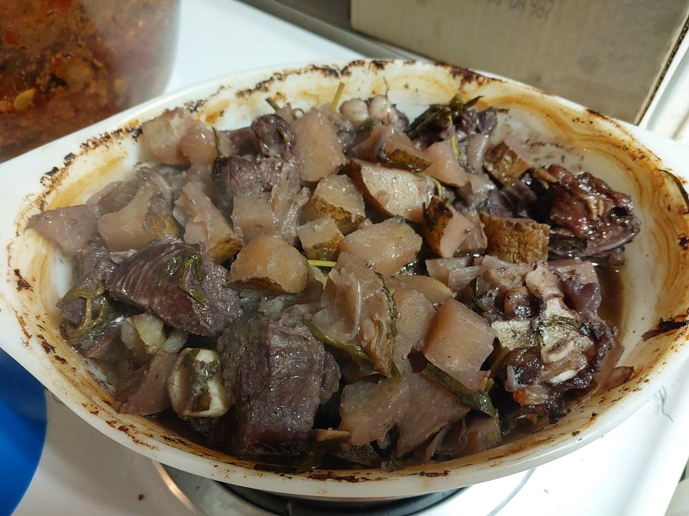 A white oval baking dish with food in it, brown arcs from cooking along the upper edge. Goat with potatoes and shallots baked in red wine, with bits of green tarragon here and there. Thankfully I forgot to add the spices I intended when I set it up to marinate.