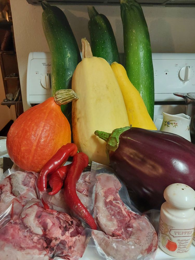 A pile of meat and produce on one side of a white stovetop. Overgrown vegetables tower over the salt and pepper shakers. At the rear is zucchini, followed by spaghetti squash, yellow squash, red kuri, eggplant, and shrink wrapped lamb tongue with three Jimmy Nardello peppers laying on top of them. The shakers are at the front right, hiding from the zucchini behind the eggplant.

I don't normally get three zucchini at that size, but that was the deal at the cheap stand. We're getting cold early this year anyway.