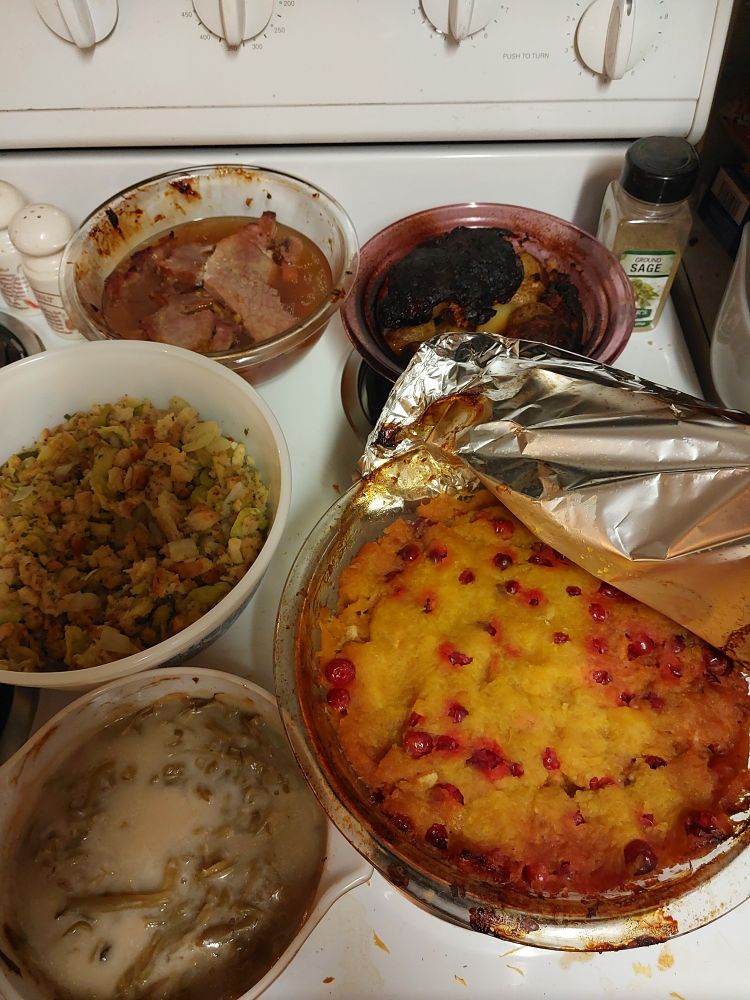 Feast day round up.
Five baking dishes are sitting on a white stovetop. From rear to front: orange marmalade ham in a clear glass mixing bowl, potatoes half covered by a chunk of ham fat with the top charred in a purple glass dish, stuffing with onion and a generous amount of zucchini in a white mixing bowl with blue patterning on the side, pumpkin and cranberries in a clear glass mixing bowl with a piece of tinfoil partway peeled off, and green beans in a lake of cream of mushroom soup in a white baking dish with brown sides.