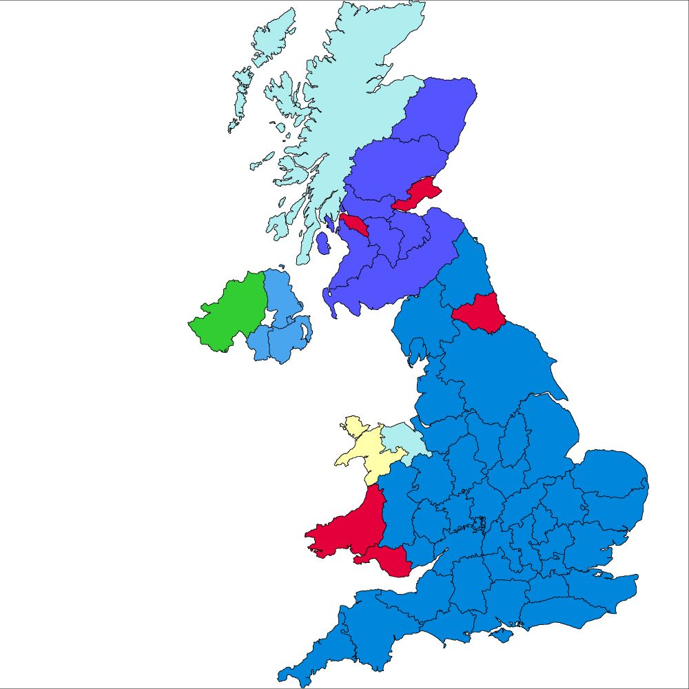 A similar map to the first, except each county is coloured by the party that came first in votes. It doesn't dramatically change the overall job, but it means that Labour holds on in Durham, Inverclyde and Renfrewshire, Dyfed, and Fife, as well as Morgannwg. In addition, Highlands and Islands and Clwyd are coloured light blue to indicate the Liberal Nationals leading there. Everything else is the same