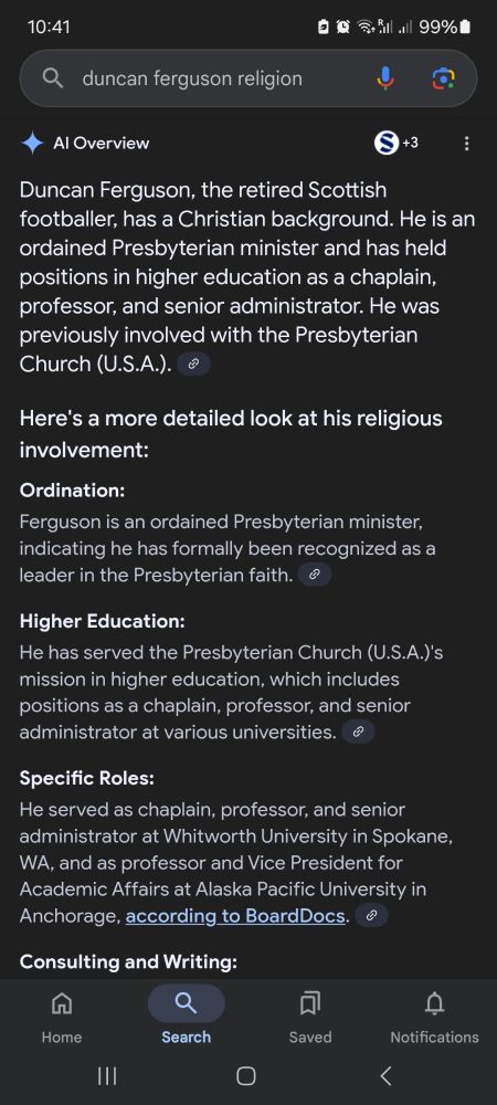 AI produced Google search, claiming that Everton's retired striker, Duncan Ferguson, is a Presbyterian minister.