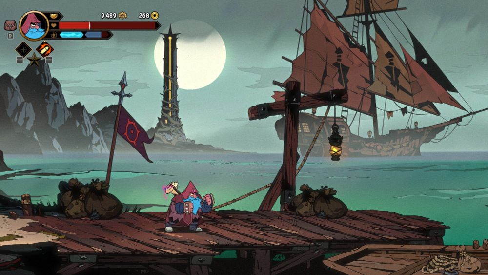 Image du jeu Absolum. Un nain d'heroic fantasy se tient sur un ponton, un bateau est visible au loin dans la mer.