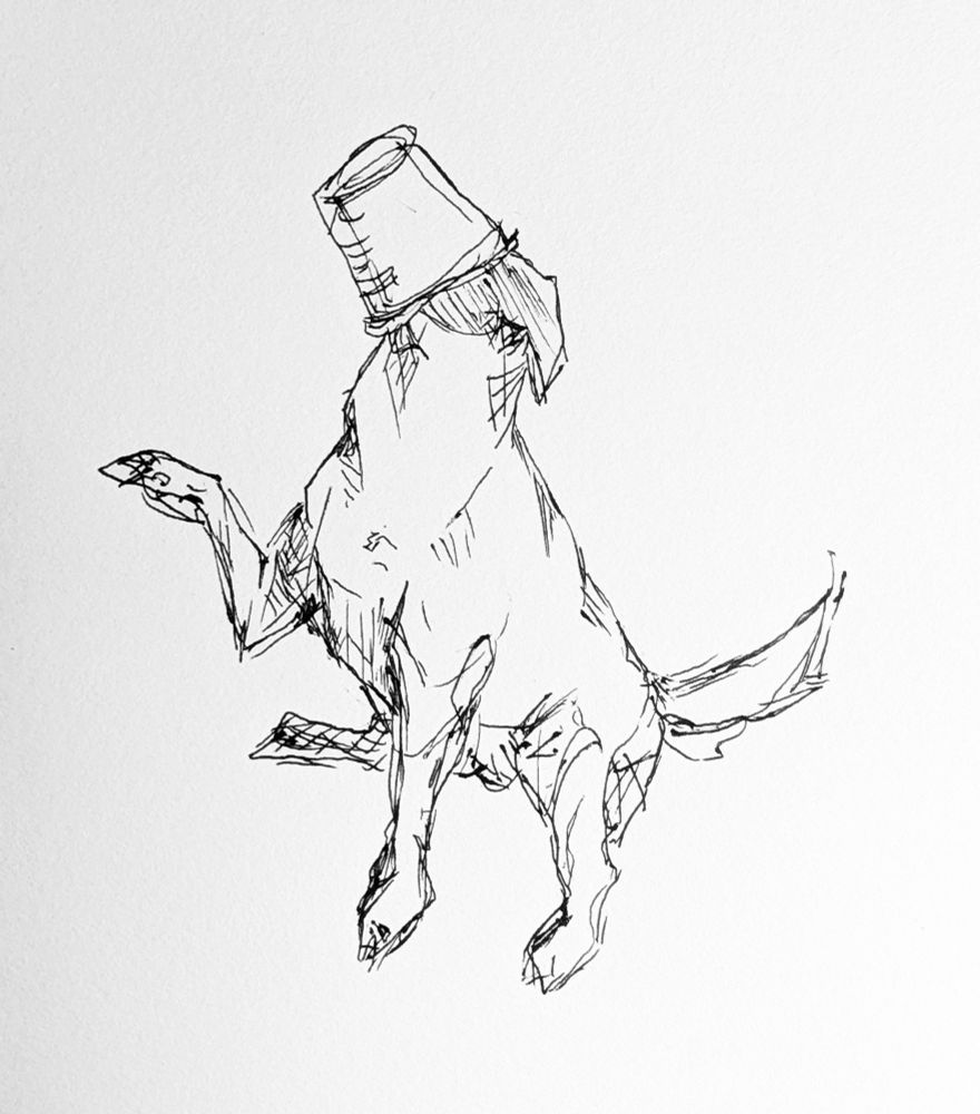 An stylised illustration of a terrier dog with her face fully concealed inside a small bucket.