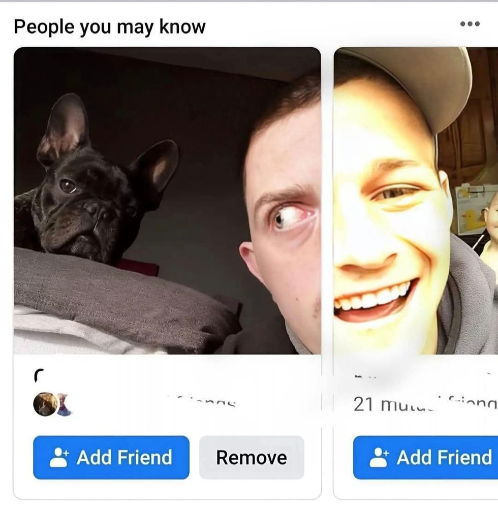 A screenshot of "people you may know" from the poster's Facebook feed. Two profile pictures set side by side look combined to make one stretched and unsettling visage.