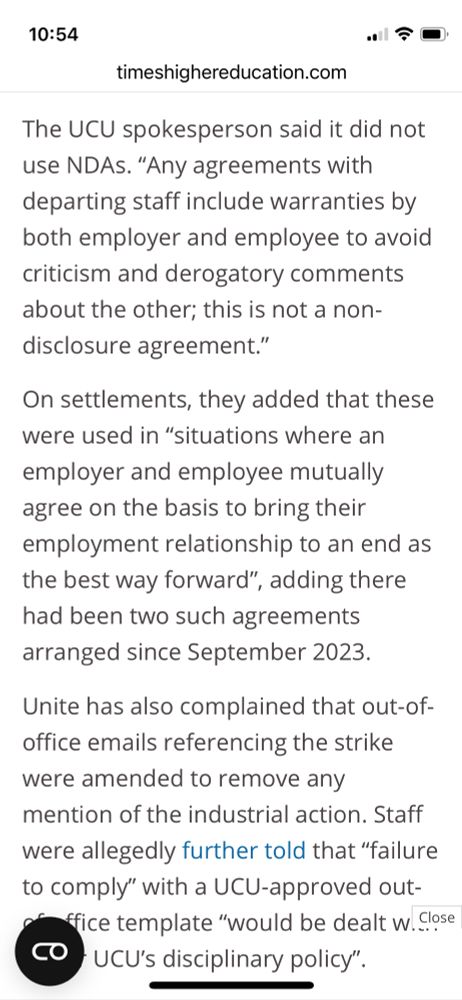 A screenshot from a Times Higher Education article in which a UCU management spokesperson claims that making staff sign confidentiality clauses is not the same as using non-disclosure agreements. 