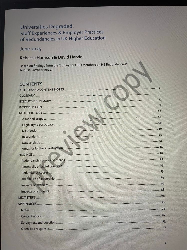 The contents page of the Universities Degraded report shown as a screenshot. 