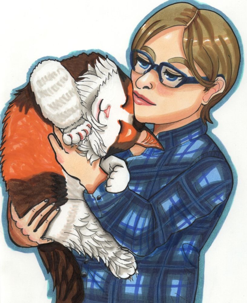 An marker & colored pencil half-body picture of a short-haired blonde person holding a long-haired calico cat. 

The person has blue framed glasses, blue eyes, and a soft expression on their face. They are wearing a baggy shirt that has a blue plaid pattern. and black buttons.

The long haired cat has a pink nose, a content expression on her face, and a pale colored bump right above her left eye. She has fuzzy limbs and some fur tufts coming out of her paws.

There is a blue-green border around the person and their cat.