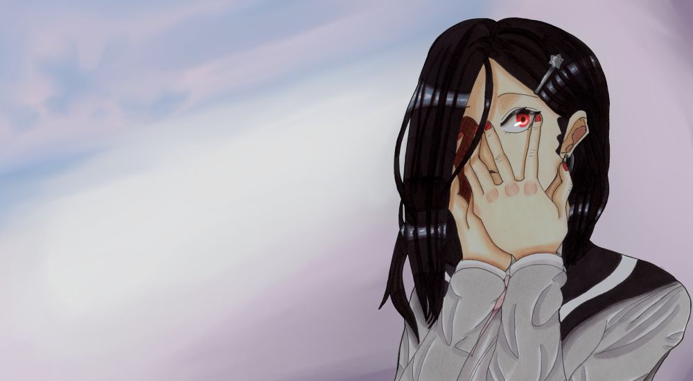 A digital & alcohol marker mixed media drawing of the character Thorn from the game The Caligula Effect. 

Her hands are covering her face as if to signify that she's in shock. Her face is in shadow except for her one visible eye.

The picture has a smudged background that is in shades of pink, purple, blue, and white. The background colors are also in shadow.

End ID
