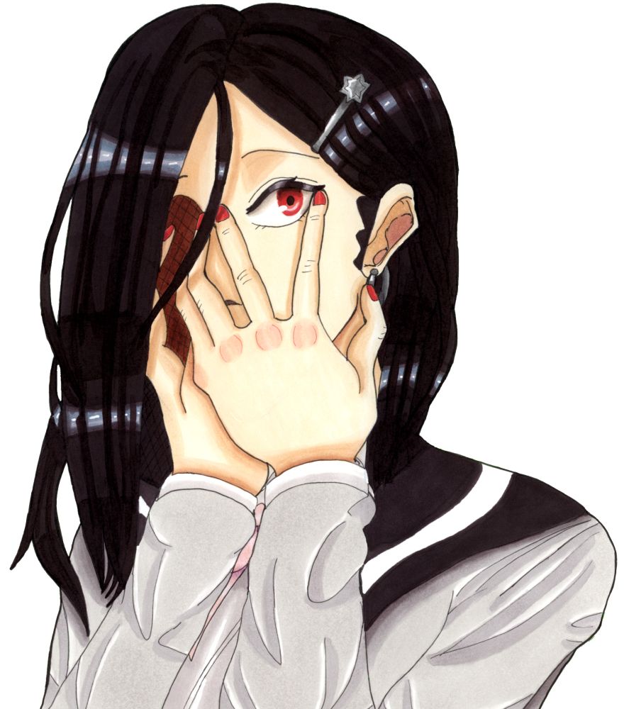 An alcohol marker drawing of the character Thorn from the game The Caligula Effect. 

Her hands are covering her face as if to signify that she's in shock. One side of her face is covered in shadow.

This version of the picture has a plain white background.

End ID