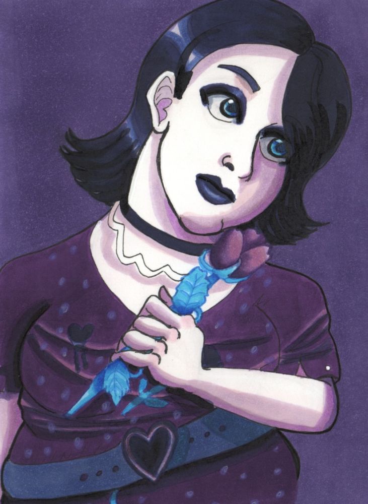 A marker colored half-body image of an overweight woman with purple colors. She is looking up while her head is cocked the side. She has dark blue lipstick, dark blue eyeshadow, dark blue hair, and blue eyes. She is holding a purple-pink rose with a blue stem.

She is wearing a dotted purple t-shirt with a dark blue heart image and some dark blue rose images on it. She is wearing a blue-grey belt with a dark blue and light purple heart buckle on it.