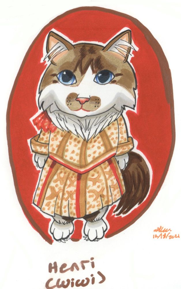 A marker picture of a ragdoll cat. He has dark blonde & white fur, blue eyes, white neck fluff, and a fluffy dark brown tail. He is wearing a gold and red suit. The picture has a red circle with gold outlines in the background