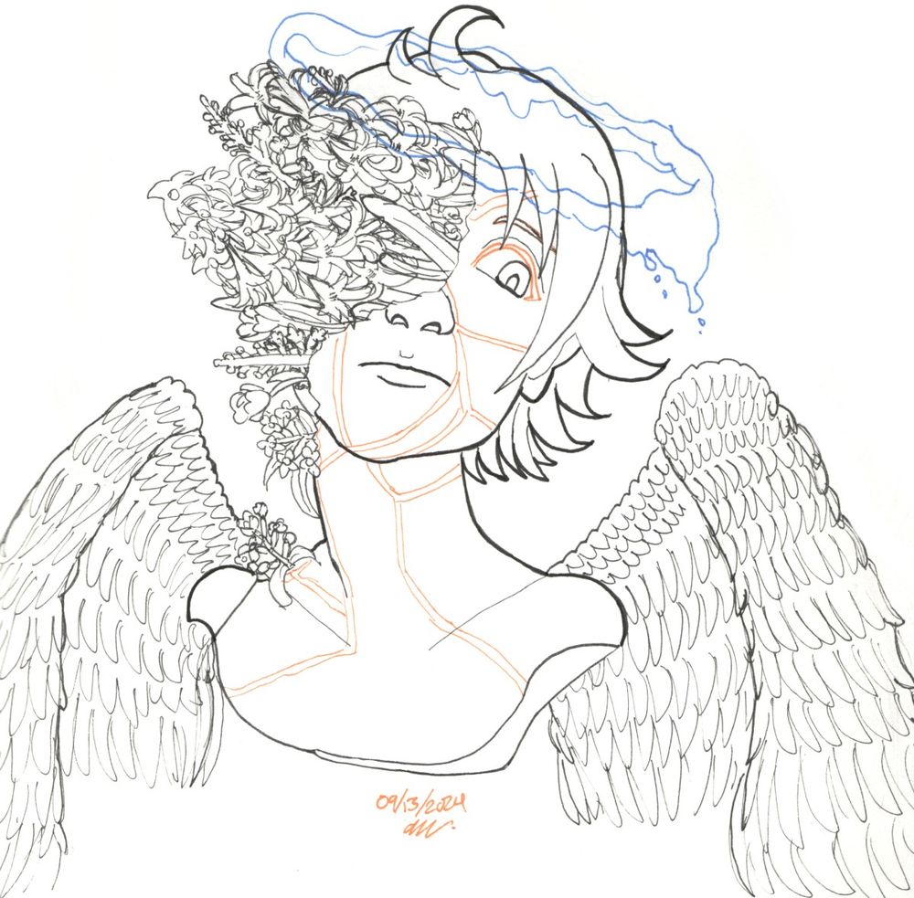 An inked bust-up drawing of angel character with their head tilted up. It has yellow eyelashes, big wings, and a dripping blue halo.

There are tulips, hyacinths, and flower clusters from a sweet almond bush growing on the left side of its face and body. There are various yellow cracks on its face and torso.