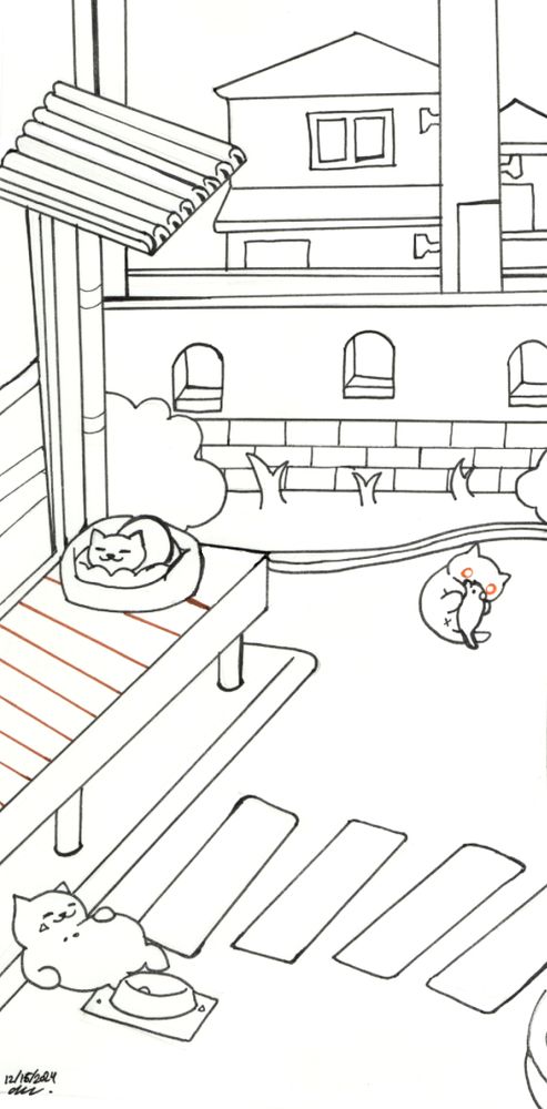A inked picture of the basic yard from Neko Atsume 2. There are 3 cats in the picture: a cat playing with a mouse toy, a cat sleeping in a bed, and a big cat lounging in front of an empty food bowl.

End ID