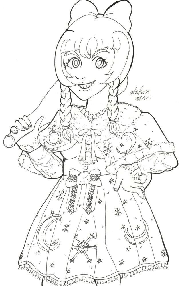 A half-body inked drawing featuring the OC Hiori. There is a date of "08/02/2024" (August 2nd, 2024) and a signature to the right of the drawing.

She is holding a big bat with one hand. Her other hand is on her hip.

She has short hair that has been tied into braids, a mole underneath her lips, and a cocky grin on her face. 

She is wearing a fancy dress with fur accents, ruffles, bows, and decals (crescent moons, snowflakes, and stars). She is also wearing a big bow on her head.