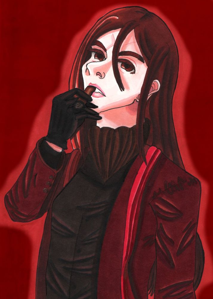 An marker colored half-body picture of the character Waver Velvet / Lord El-Melloi II from the Fate franchise. His head is tilted up. He has a cigar in his mouth that he is holding with his hand. 

The picture has a red theme that extends to its coloring. Waver's brown hair is now red-brown with some orange highlights on the left side of the picture. His brown coat and eyes are also a deep shade of red, The black parts of his outfit (his undershirt, cravat, and gloves) are now a shade of dark brown.

The background is colored a scarlet red. There's a lighter shade of red outlined around Waver.