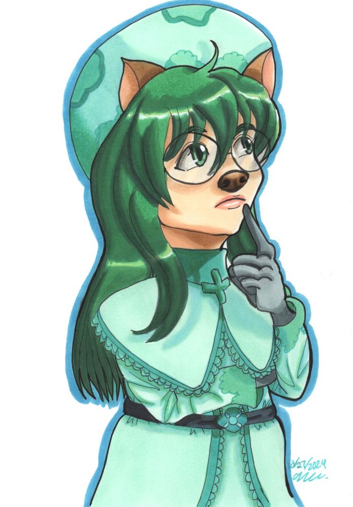A half body marker drawing of the character Cheadle Yorkshire from Hunter x Hunter. She has her head tilted up and a finger from her right hand is placed right below her lips.

The drawing has an aqua blue colored border around it. A date of "October 27th, 2024" in the US date format and signature are to the right of the picture.

End ID