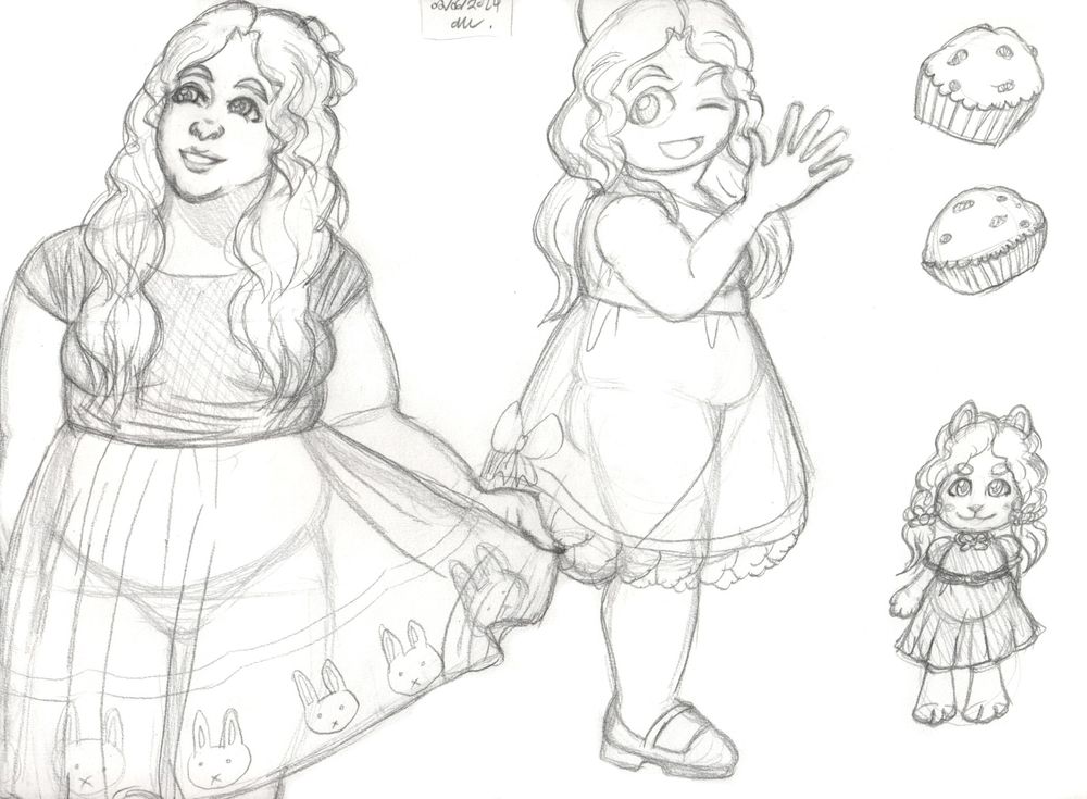 A variety of pencil sketches featuring the character Muffy Perkins.

From clockwise:

A sketch of a fat girl with wavy hair holding her skirt with her left hand. She is wearing a bow, a black blouse that is tucked at her waist, and a skirt with bunny head images on it.

A cartoony sketch of a fat girl with wavy hair and a bow on her head. She is winking at the viewer. She is wearing a knee length sleeveless dress with ruffles and bows on the end. One of her legs is in a kick pose.

Two sketches of blueberry muffins.

A sketch of an anthro bunny girl with wavy ponytails. She is wearing a long dress that has a belt on her waist.