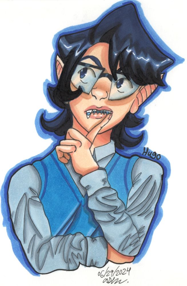 A marker drawing of a pale-skinned young man with dark blue hair, small blue eyes, pointy ears, and fangs. He is wearing large glasses with dark blue rims, braces, and a blue vest with blue-grey sleeves. He is in a pose that suggests that he is in deep thought