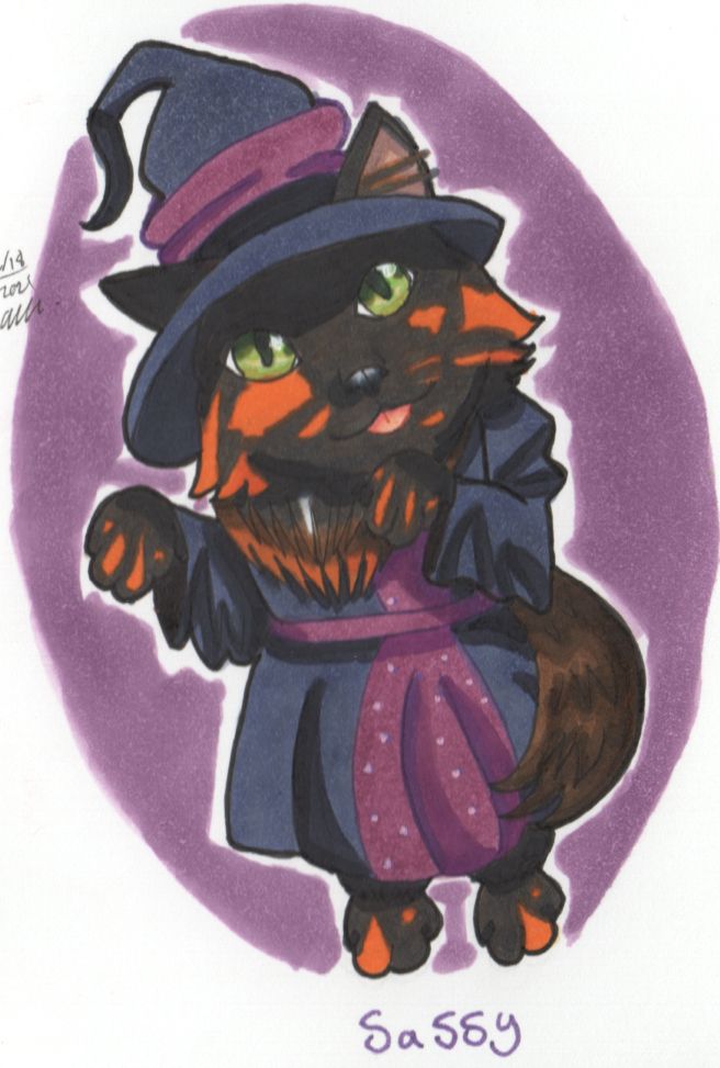 A marker picture of a tortoiseshell long haired cat in a witch's costume. She has black and orange fur, green eyes, black neck fluff with orange n' brown on the bottom, and a dark brown tail. She is wearing a dark blue witch's hat and dress with plum colored accents. The plum accents on her dress have light purple spots on them. The picture has a purple circle in the background.
