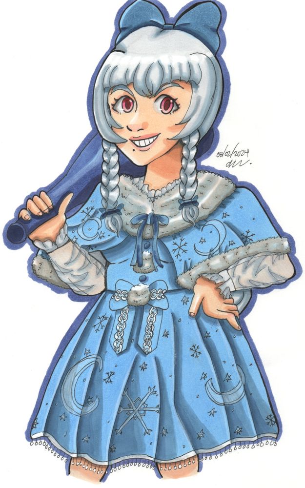 A half-body marker drawing featuring the OC Hiori. There is a date of "08/02/2024" (August 2nd, 2024) and a signature to the right of the drawing

She is holding a dark blue bat with one hand. Her other hand is on her hip.

She has light grey hair that is tied into braids, bright pink eyes, a  mole underneath her lips, and a cocky grin on her face. 

She is wearing a light blue dress with white fur accents, ruffles, transparent sleeves, bows, and decals (crescent moons, snowflakes, and stars). She is also wearing a big, blue bow on her head.

The only background the drawing has is a reddish-blue outline around the picture.