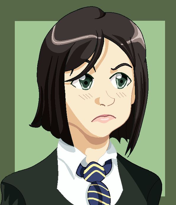 A pixelated bust picture of Waver Velvet with colored lines and a light green background with a darker green border around it. He is bushing and has a pout on his face