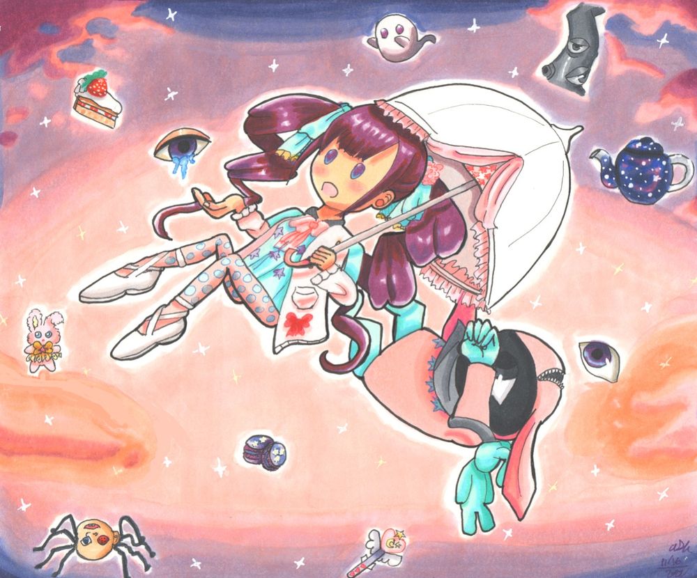 A human figure (Sweet P from The Caligula Effect) with a frilly pink parasol is falling. She is wearing a green blouse with purple stars and a light pink bow, a cardigan with hot pink bows on the ends, dotted leggings, and flats. She has big purple pigtails that are tied with green bows and light pink roses.

To the right of her is a humanoid creature with a black face and one black eye. It is also falling. It has a mouth on the top of its head, pink bunny ears, and a green plush bunny backpack

Background items clockwise from the top:

A ghost, a pillar with three eyes on it, a teapot, an eye, a magic wand with a heart in the center, two macarons, an upside down baby head with insect-like legs, a bunny plush with a bow on it, a crying eye, a slice of strawberry shortcake

The background is a sky that is a gradient with pink in the middle and purple on the ends. The sky has pink clouds and white sparkles