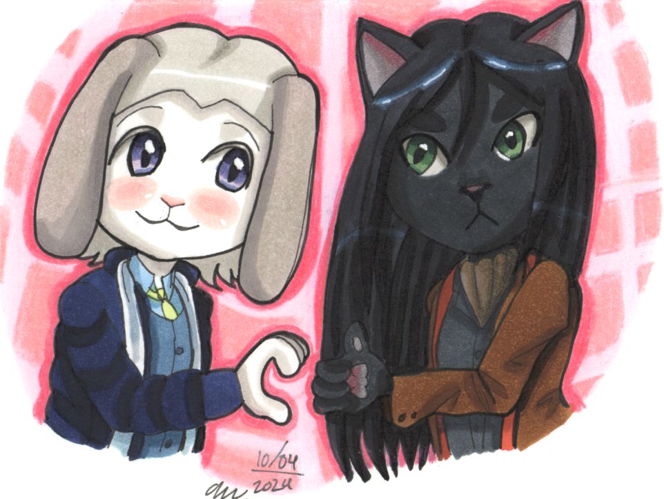 A marker drawing showing two chibi animal characters. They are on a blush pink colored background with curved white lines. A date of "October 4th, 2024" and a signature is in between the drawings.

The character on the left is white bunny with light grey hair/ears, a pink nose,  light grey eyelashes, blushing cheeks, purple eyes, and a smile on his face. He is wearing a dark blue puffy jacket, a white scarf, a buttoned up blue undershirt, a light blue collar, and a white tie. His paw is in half of a heart shape.

The character on the right is a black cat with black thick eyebrows, long, straight black hair, green eyes, a black nose, and a frown on his face. He is wearing a brown coat, a red scarf, a dark grey undershirt, and light brown frills. His paw has a thumbs up pose. His red-grey beans are visible on his paw.
