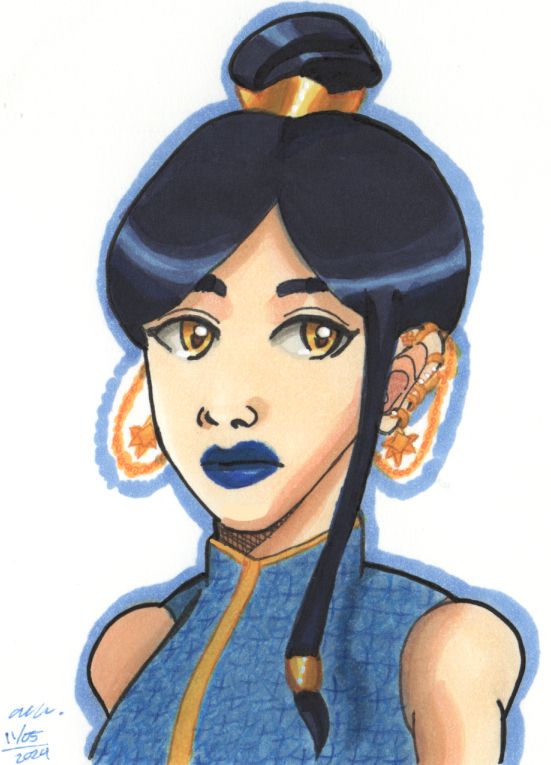 A bust up marker drawing of a white man with an updo bun, a black sleeveless shirt, and golden jewelry. He is wearing blue lipstick.

There is a blue border around the picture. A signature and a date of "November 5th 2024" is on the left of the image.

End ID