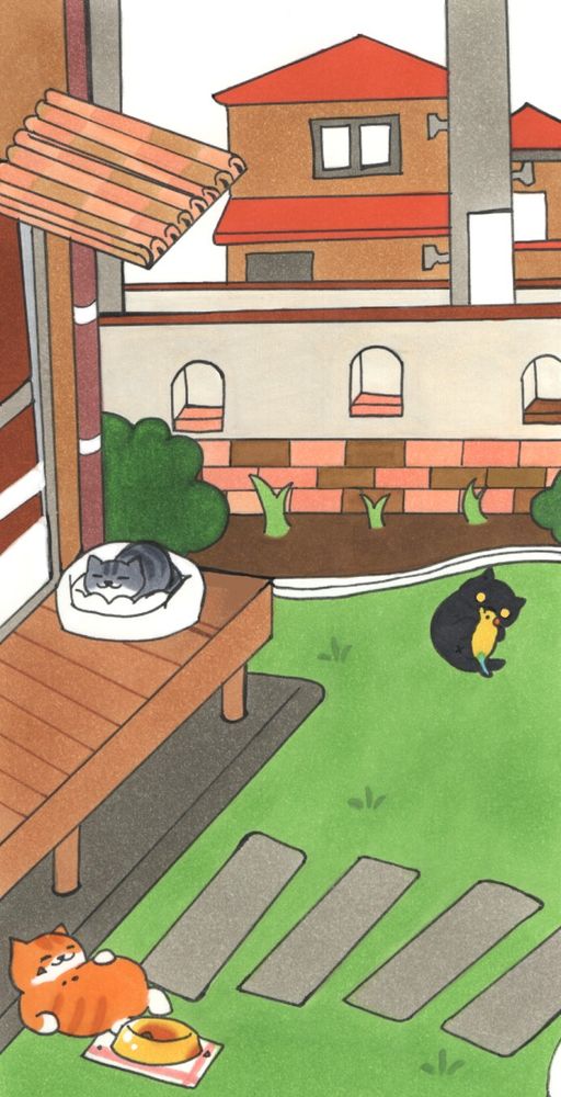 A marker drawing of 3 cats placed in the starting yard of the Neko Atsume phone game.

A grey and white tabby is on the deck right outside the house. He's sitting in a white bed.

A big orange and white tabby is lounging below the deck. He's sitting by an empty bowl of food with a satisfied expression on his face.

A black cat with yellow eyes is playing with a mouse toy in the yard.

End ID 