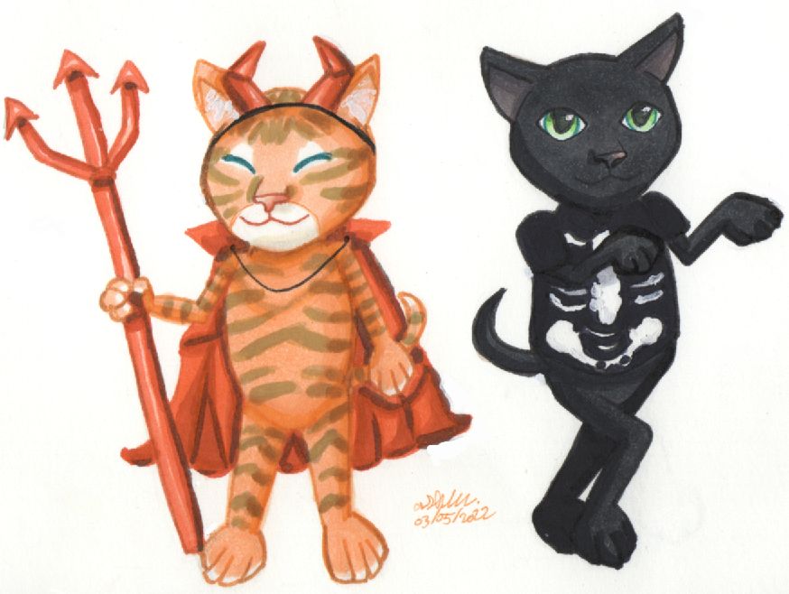 A marker picture of an orange tabby cat (left) and a black cat (right).

The orange tabby cat has her eyes closed while wearing a happy smile. She is wearing red devil horns and a red cape. She is holding a red pitchfork with her right paw.

The black cat has his paws out and is in a walking pose. He has green eyes and is wearing a black t-shirt with bones on it.