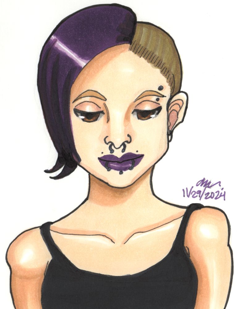 A bust up drawing of a white woman in a black tank top. She has a purple side shave, purple lipstick, and many facial piercings.

A signature and date of "November 29th, 2024" are on the right of the image.

End ID