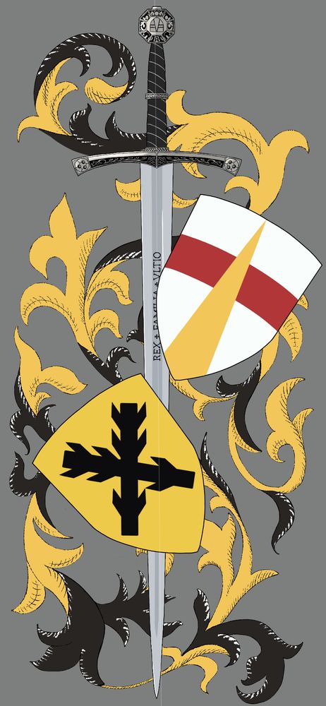 An upright sword with two shields, Skalitz and Leipa, laying overtop. In the background yellow and black vines coil along the design.