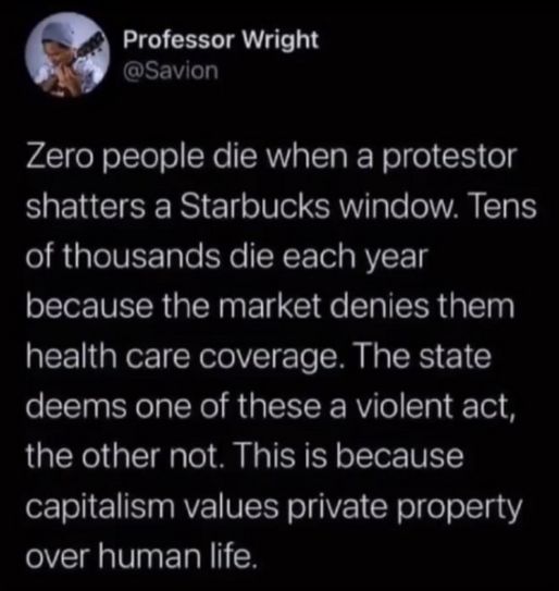 tweet from Savion that says "Zero people die when a protestor shatters a Starbucks window. Tens of thousands die each year because the market denies them health care coverage. The state deems one of these a violent act, the other not. This is because capitalism values private property over human life."