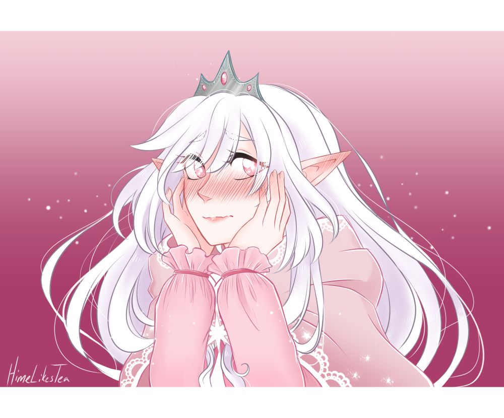 Art of a Legend of Zelda OC with long white hair (my weakness) and elf ears. She is wearing a pink cape and a princess crown in silver. Her hands are cupping her cheeks and she looks very flustered. Made for Mizukisama123.