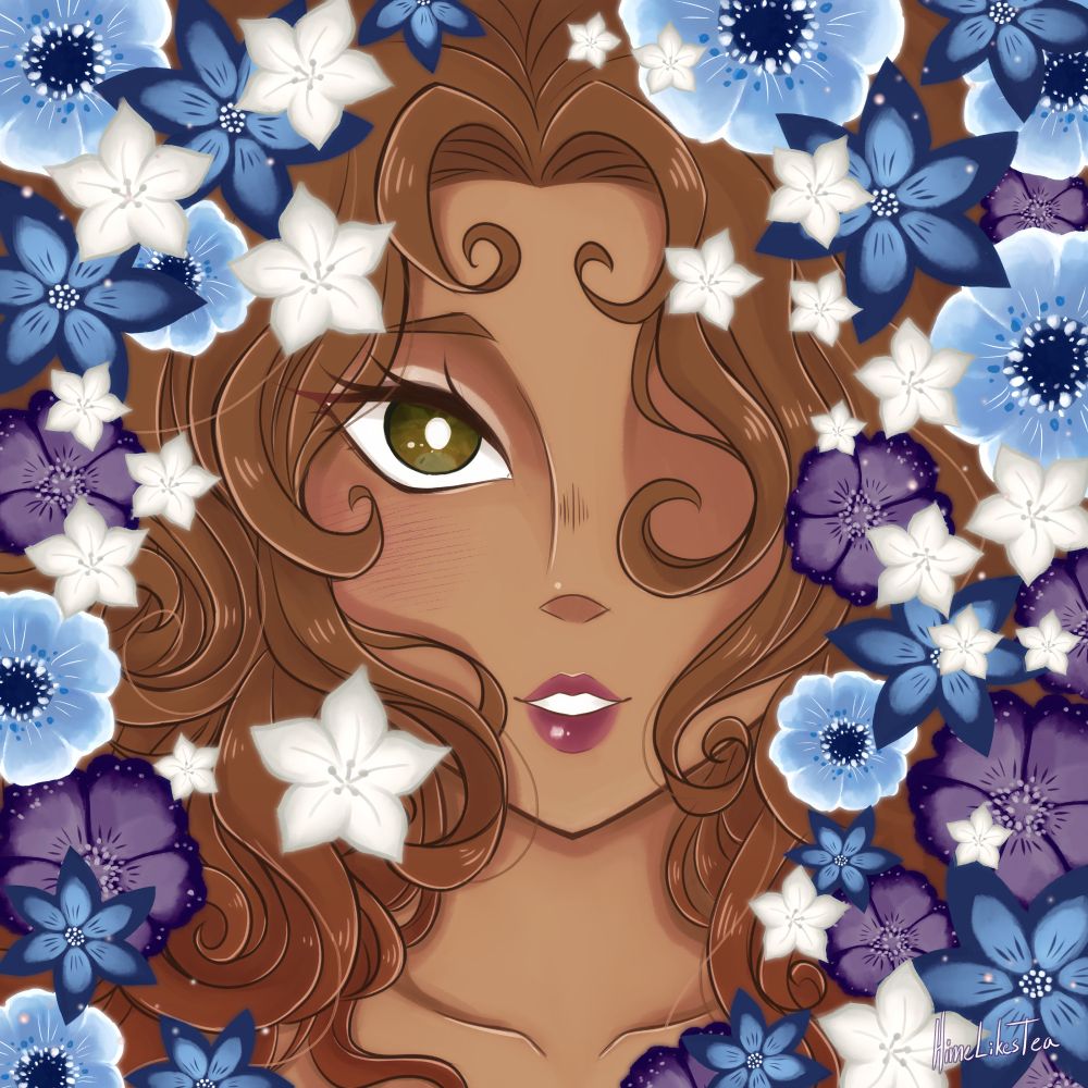 Art of a woman with brown curly hair, and hazel eyes, one eye is hidden by her hair. Her face is framed by blue, purple and white flowers. Made for wiltednymph.