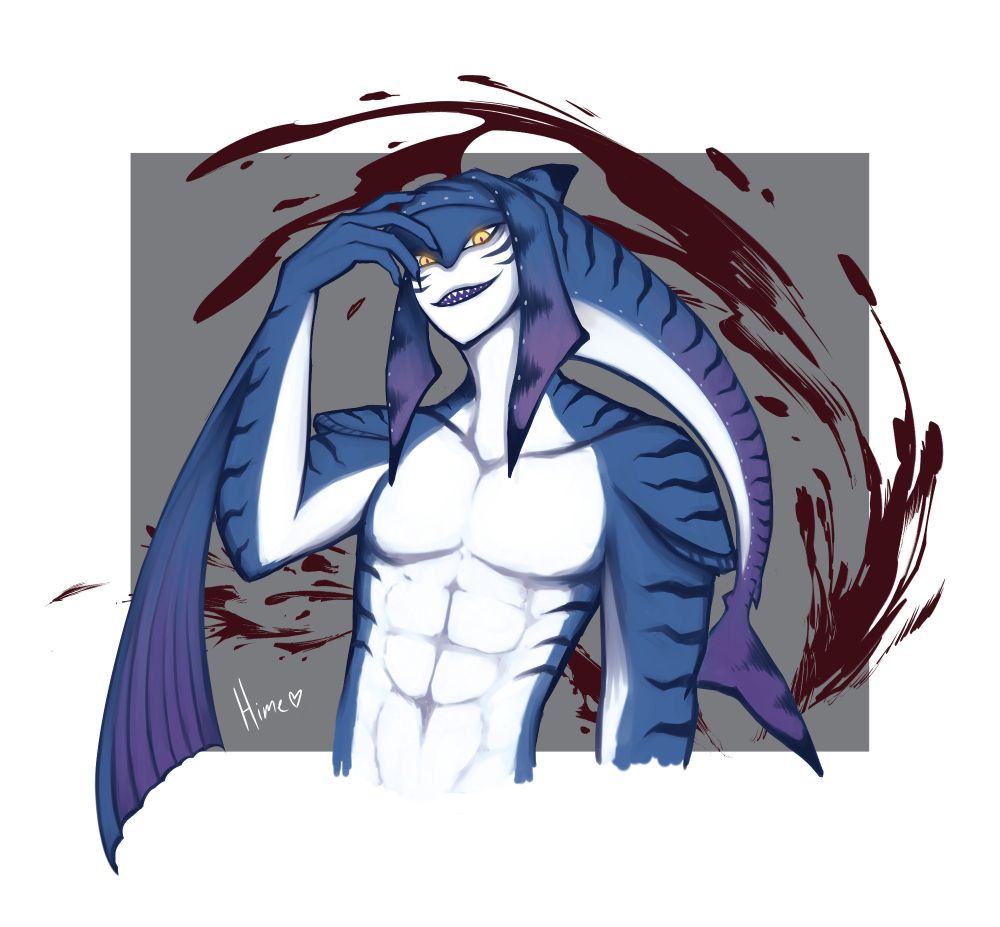 A blue Zora (race from the Legend of Zelda series) with purple tint at the end of his fins and tiger stripes all over his body. He has glowing yellow eyes, sharp teerh and a shark fin. He has his head tilted up slightly and is looking down on the viewer with an open mouth smirk. His right hand is raised lazily towards his face, his nails look sharp. In the background is a pattern that resembles dark blood splatter.