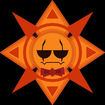 Image of antares, an orange star shape wearing a bow-tie with a black eyes and mouth at the center. 