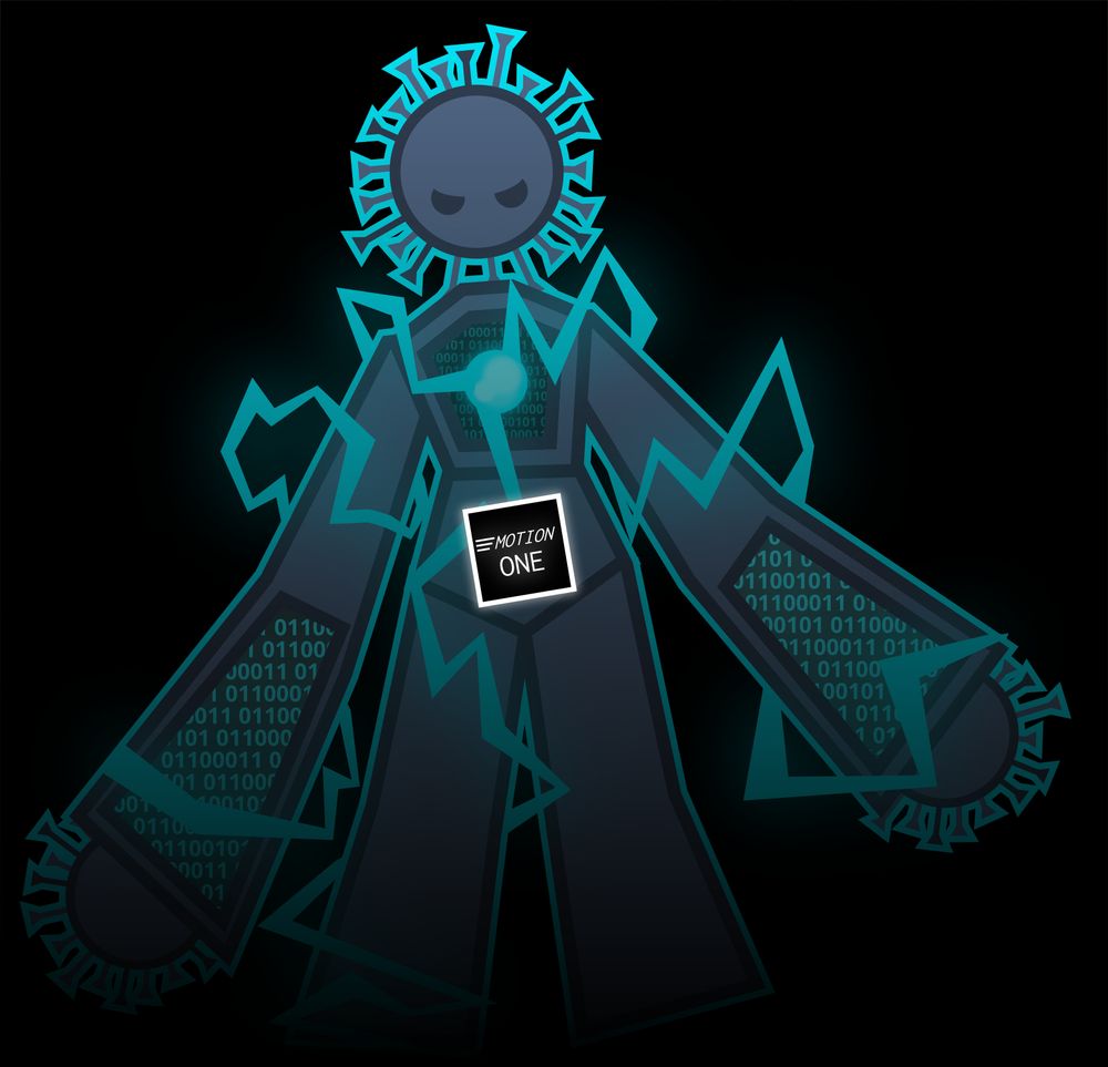 E.C., a computer virus that looks like a cell virus, stands behind Motion-ONE while glowing with electric power