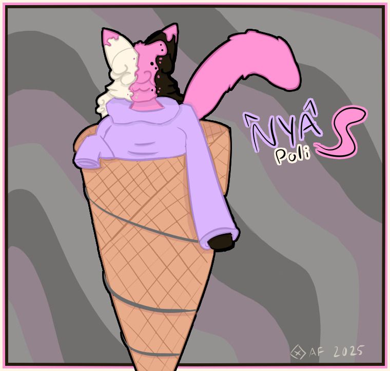Artwork of the furry icecream cat character NyaPoli chilling in a large waffle cone