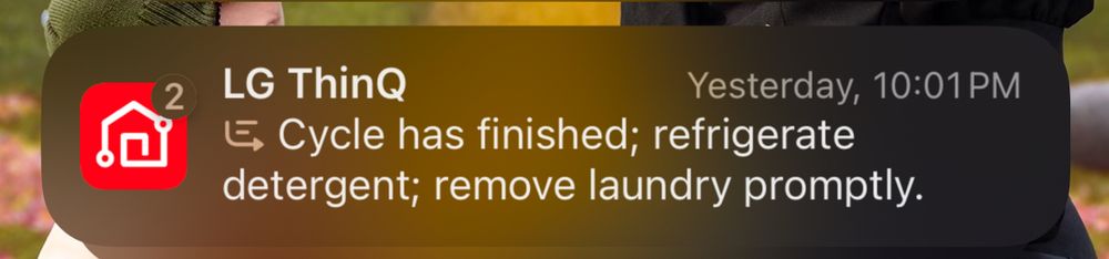 An AI summarized batch of notifications on a smart phone, suggesting to refrigerate laundry detergent as the cycle had finished.
