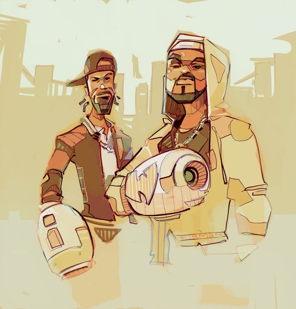A portrait from the waist up of rappers Redman and Method Man, each of their right arms terminating in an arm blaster a la the Mega Man games by Capcom.  The overall palette is monochromatically warm and beige.  Redman has a dark snapback with the brim turned askew rearwards.  He has a beard, necklace chain, white polo, and dark letterman sort of jacket.  Method Man, also in a trim beard, wears a white durag under the hood of a beige jacket.  He too sports a necklace, over a dark tee, and he holds his blaster arm up to his ribs, displaying the Wu Tang symbol affixed to it.