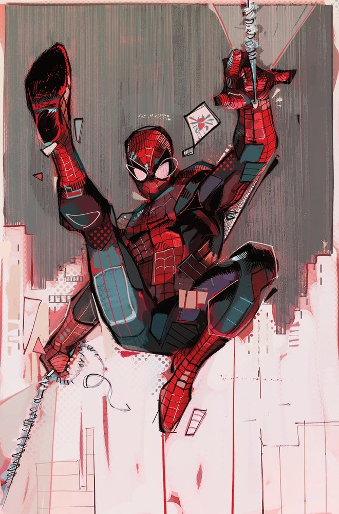 My mess of an attempt at colouring webslinging Spider-Man artwork made by John Romita Jr and Klaus Janson, which is the subject of a Color Jam @colorjam.bsky.social 