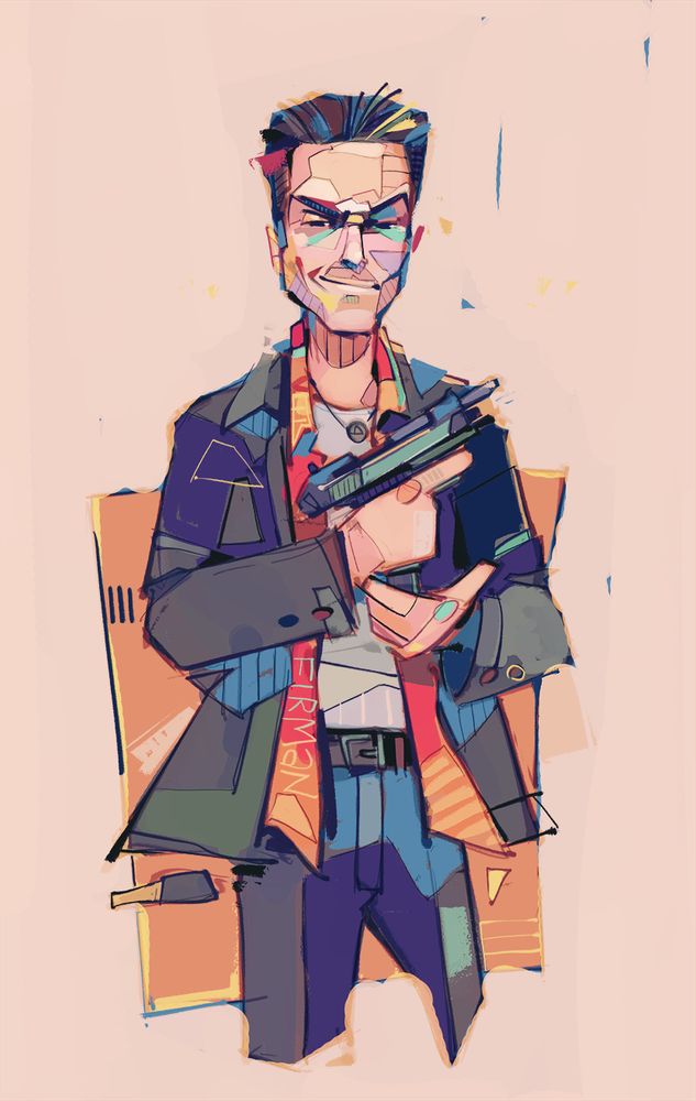 A thighs-up Illustration of the original Max Payne, who was modeled after Sami Järvi (a.k.a. Sam Lake), writer and Creative Director at Remedy Entertainment.  He has dark hair combed back.  His eyebrows are arched in a furrow that crumples his sellion as he wryly smirks to camera.  He is holding a Beretta 92FS sort of pistol in front of his chest with its slide locked open as his other palm pushes a new magazine into the well (or catches one just released).  He wears a leather jacket over an orange floral print button-up shirt, which hangs unfastened, and a white shirt underneath.  He also has a necklace with a circular pendant resting on his chest.  He wears dark slacks with a pleated front, held up by a belt.  The background is an empty mess of peach brushstrokes, plus an orange framing rectangle behind him.
