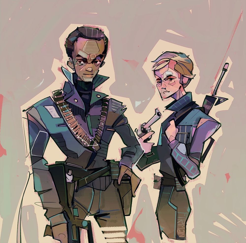 Portrait from the thighs up of Peter Washington and Roger DeMarco, characters from George A. Romero’s 1978 film, Dawn of the Dead.  They are SWAT officers replete with firearms for surviving the zombie apocalypse.
