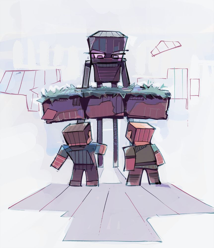 Minecraft’s Steve and Alex characters are hiding underneath floating grass blocks that are just far enough from the ground to shield them without allowing the tall, all-black Enderman creature access.