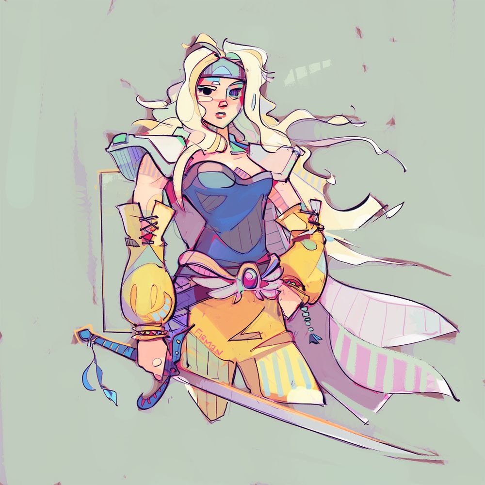 Portrait of Final Fantasy 6’s Celes Chere (from the thighs up) with a commanding presence, her sword drawn and pointed downwards in her right hand, her other hand on her hip.  Her outfit mixes elements of her various designs, including the tall pale pauldrons & cape of her original sprite, as well as the blue headband.  Like her concept art and later iterations, she wears a blue shoulderless bodice, elbow-high yellow puffy sleeves, and yellow pants under a metallic, winged waistpiece with inset red gemstone.  Her hair is long and blonde, so light that it’s almost white.  I’ve drawn her with an elongated torso and hips.