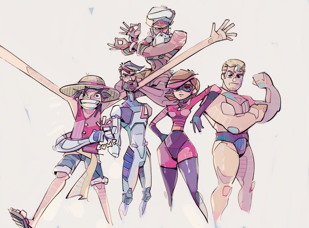 An illustration crossover of five characters who have the ability to stretch their bodies.  From left to right, Monkey D. Luffy from One Piece, Mr. Fantastic from Fantastic Four (whose arm is stretching in order to fistbump himself), Dhalsim from Street Fighter levitating in the background, Elastigirl from Pixar’s The Incredibles franchise, and Stretch Armstrong.