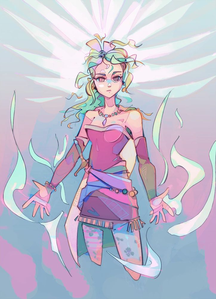 A thighs-up portrait of Final Fantasy 6’s Terra Branford, her arms and hands held out low in front of her as nearby wisps foreshadow her ability to transform into a magical being.  She is a young woman with long, light teal/green and blonde hair, which is slightly curly and houses a purple bow at the rear.  A pale cape fastens or spans across her chest like a beaded necklace with pendant.  She wears a shoulderless pink dress with several purple, blue, and pink fabrics sashed at the waist, one of which holds her sword to her hip, visible here as a spindly hilt.  The dress ends at miniskirt length in a tasseled hemline, and her legs are in white tights with possibly floral imagery as a sparsely spaced pattern.  Her arms are in pink sleeves that stop before the hand, and her right wrist is adorned by a multicoloured beaded bracelet.