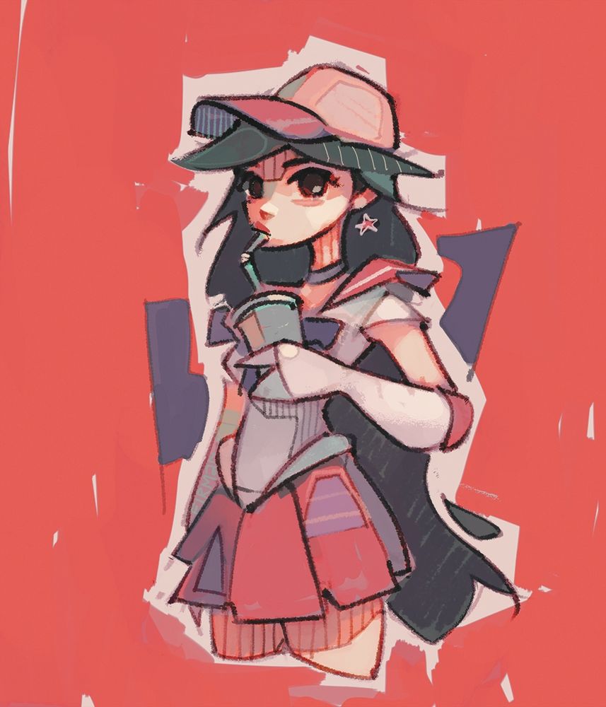A drawing of Rei Hino from Sailor Moon, wearing her Sailor Mars outfit plus a pink baseball cap and sipping the straw of a takeout beverage.